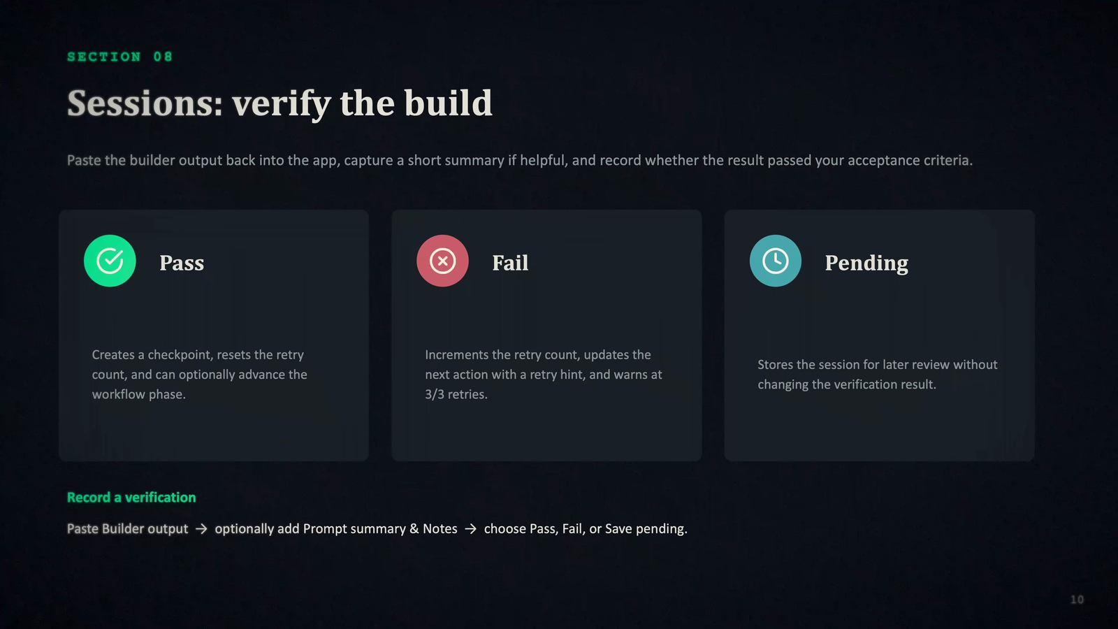 AI Build Assistant: eerdere productgids met de sectie Sessions: verify the build