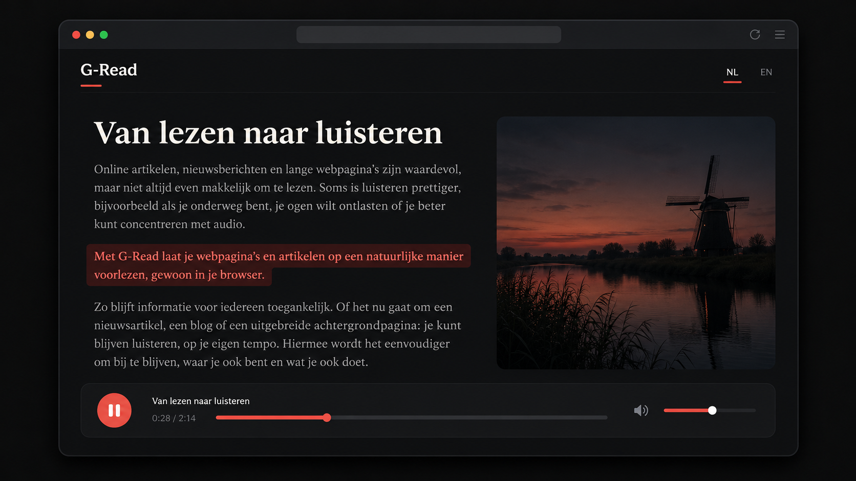 Illustratie van een donkere browserlezer met een voorgelezen artikel, tekstmarkering en afspeelbediening